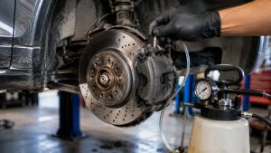 Mechanic performing an Audi brake fluid flush to help prevent brake fade during steep Logan Canyon descents in Utah.