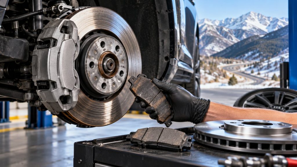 Audi brake inspection showing heat-damaged brake pads and high-carbon rotor for Parleys Canyon driving