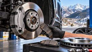 Audi brake inspection showing heat-damaged brake pads and high-carbon rotor for Parleys Canyon driving