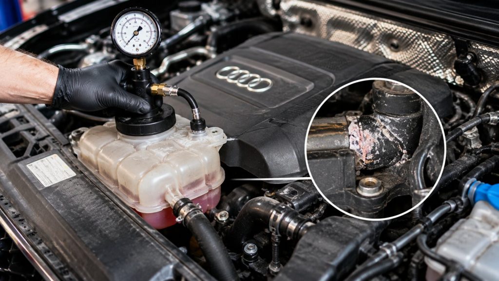 Mechanic pressure testing an Audi cooling system to detect a failing plastic coolant flange and hidden coolant leaks in Orem, Utah.