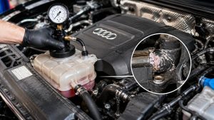 Mechanic pressure testing an Audi cooling system to detect a failing plastic coolant flange and hidden coolant leaks in Orem, Utah.