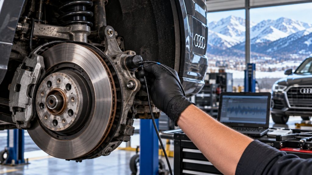Audi wheel bearing vibration analysis using an accelerometer on the steering knuckle in Salt Lake City