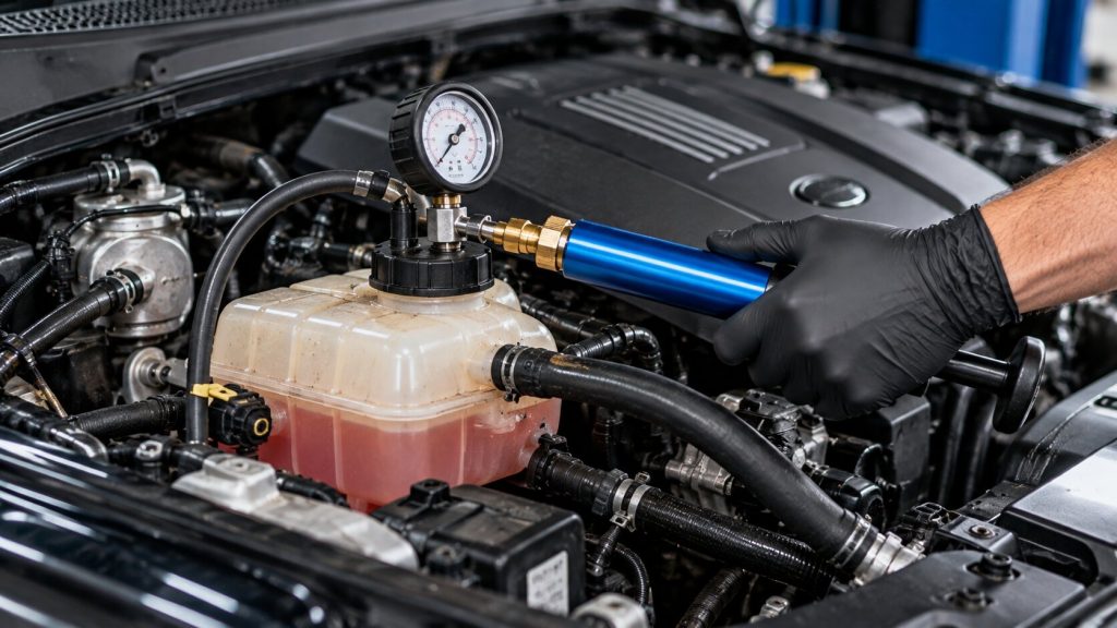 Technician pressure testing a Land Rover cooling system to diagnose hidden coolant leaks