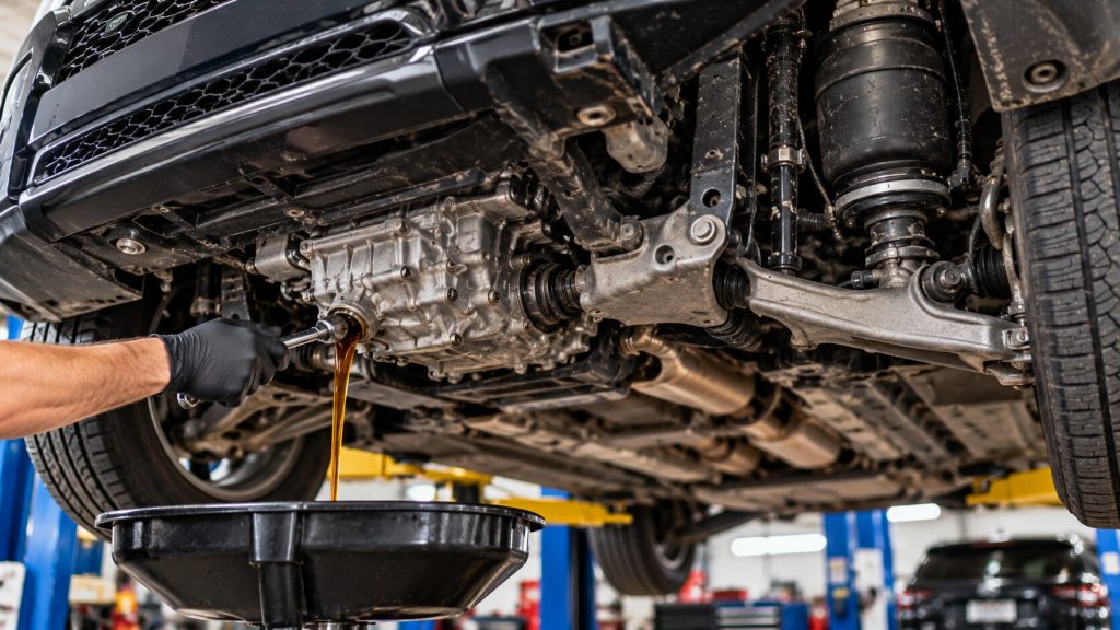 Land Rover undergoing 60000-mile drivetrain maintenance inspection at an automotive repair shop