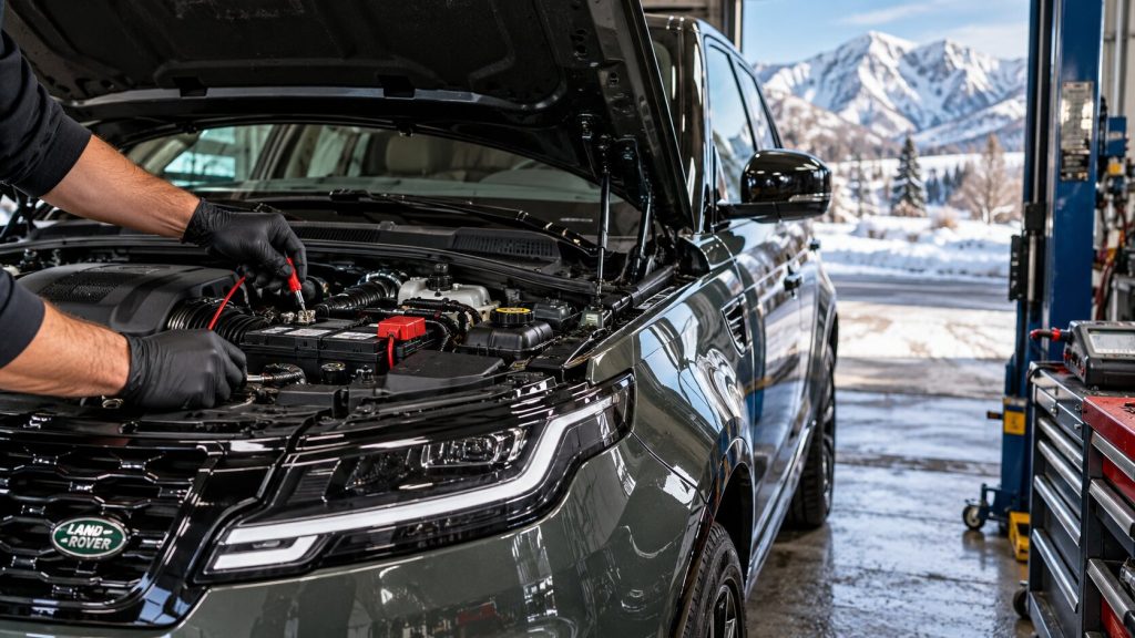 Land Rover battery maintenance inspection in a professional auto repair shop during cold Utah winter conditions.
