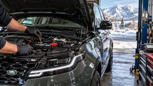 Land Rover battery maintenance inspection in a professional auto repair shop during cold Utah winter conditions.