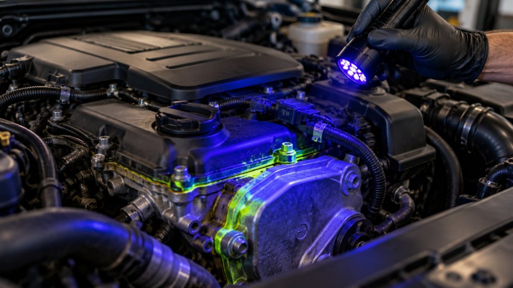 Mechanic using UV dye leak detection to inspect Land Rover engine covers and seals for oil leaks in Salt Lake City, UT.