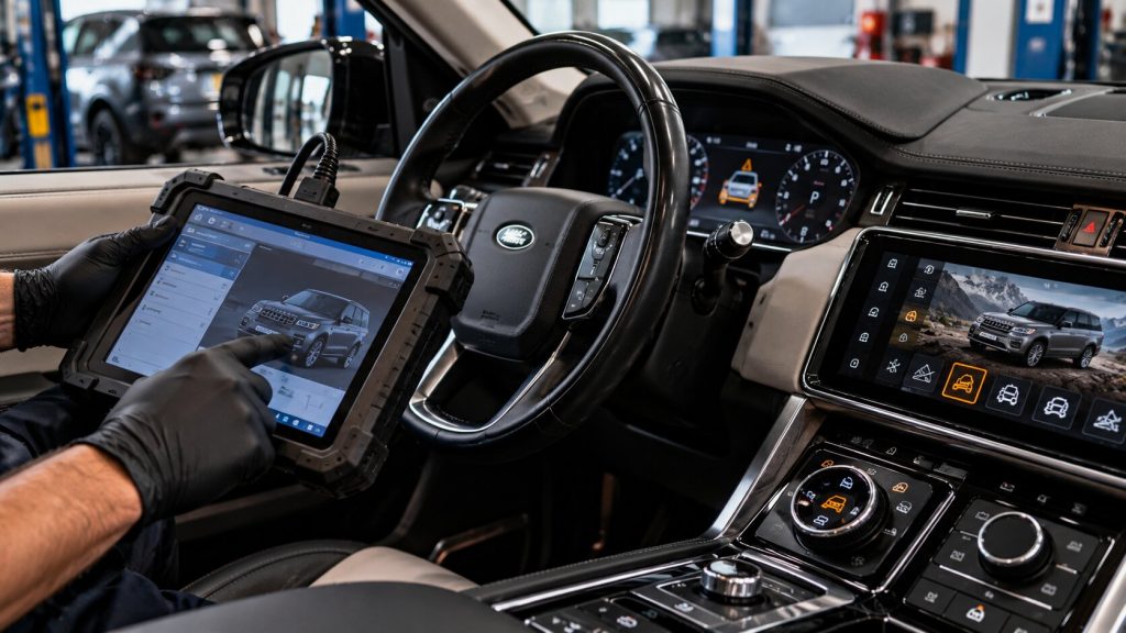 Technician diagnosing a Land Rover Terrain Response fault using a professional diagnostic scanner inside a Salt Lake City auto repair shop.