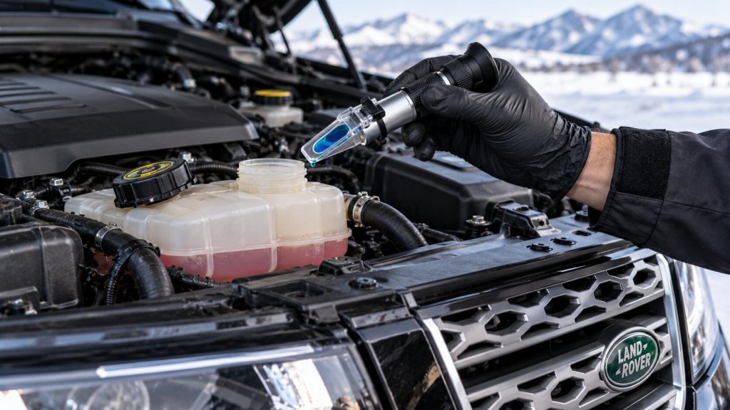 Technician checking Land Rover coolant freeze protection with an antifreeze refractometer during a pre-winter inspection in Salt Lake City, Utah.