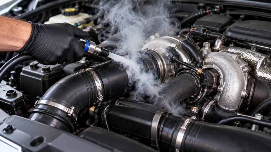 Technician performing a smoke test on Land Rover turbocharger hoses to diagnose underboost faults and boost pressure leaks in Salt Lake City, Utah.