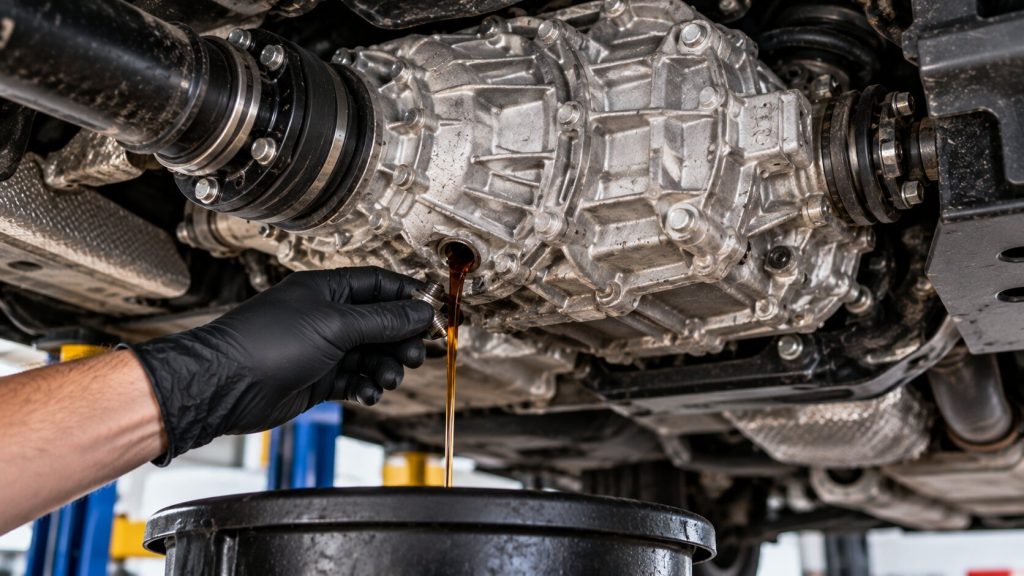 Mechanic inspecting a Land Rover transfer case and checking transfer case fluid for wear during driveline diagnostics in Salt Lake City, Utah.