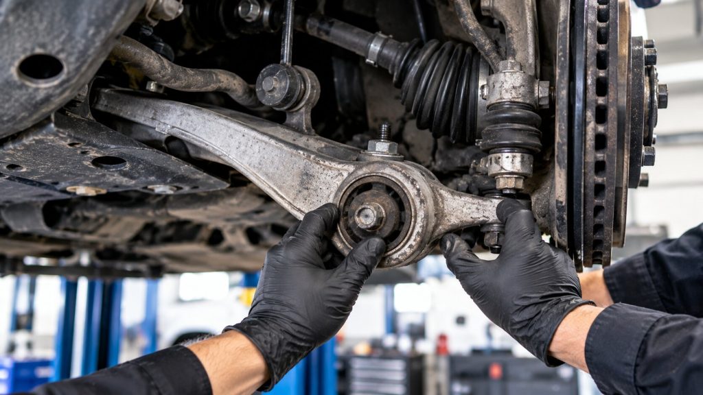 Mechanic inspecting Land Rover lower control arm bushings for cracks and suspension wear at an auto repair shop in Salt Lake City, Utah.