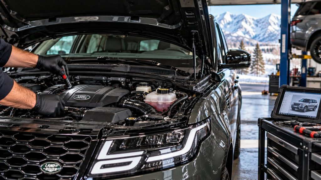 Technician inspecting a pre-owned Land Rover engine for hidden maintenance issues in a Salt Lake City auto repair shop.
