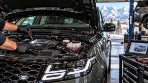 Technician inspecting a pre-owned Land Rover engine for hidden maintenance issues in a Salt Lake City auto repair shop.