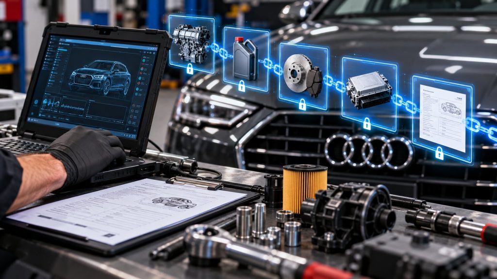 Audi blockchain-verified service log documenting maintenance, OEM parts, and diagnostic records in Salt Lake City