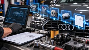 Audi blockchain-verified service log documenting maintenance, OEM parts, and diagnostic records in Salt Lake City